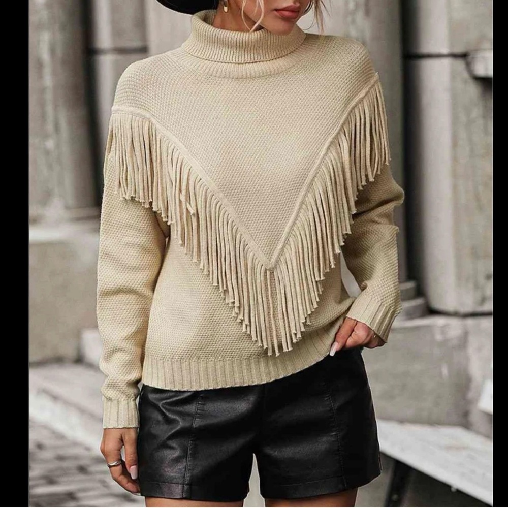 GRACE + KARMA Tan Fringe Turtleneck Pullover Sweater NEW 2X